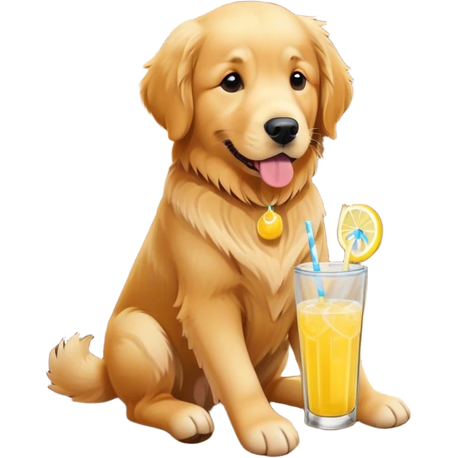 Golden retriever in a barn, drinking lemonade emoji