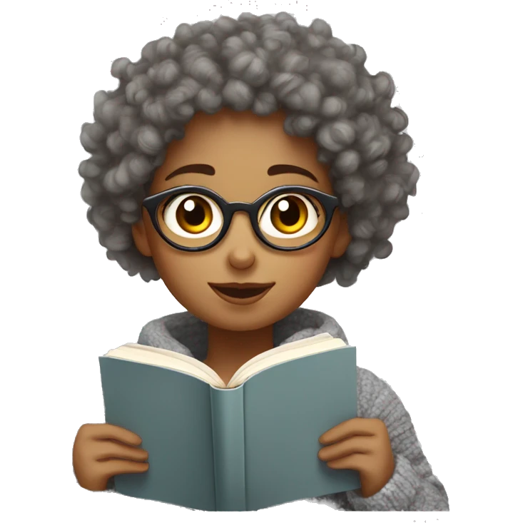 Curly haired girl with grey cozy sweater reads a book emoji