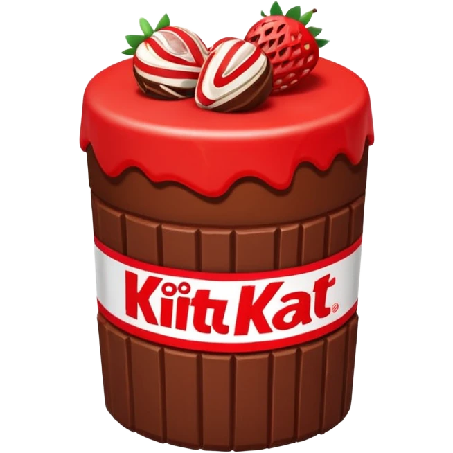 Bolo de chocolate cilíndrico, com fatias de morango em cima e a parede do bolo ao redor de kitkat emoji