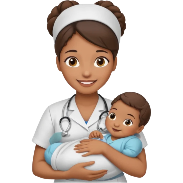 Female nurse smiling with a hair bun on top of head with medium brown skin and brown eyes holding one new born  emoji
