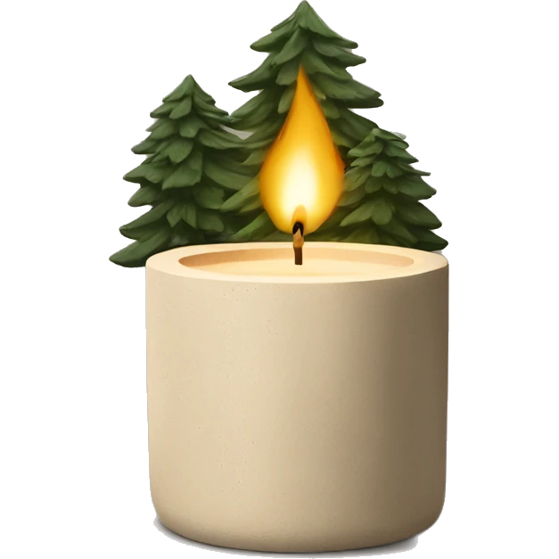 Candle in beige concrete vessel with painted pine trees emoji