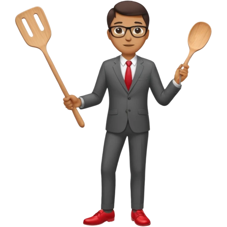 man with glasses wearing a suit and red shoes holding a spatula emoji