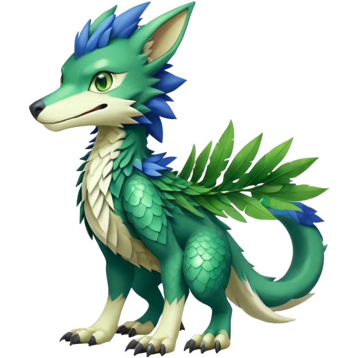 Cute cool fantasy animal hybrid Sergal-Digimon-Fakemon full body, green scales, green leaves, brown eyes, blue feathers emoji