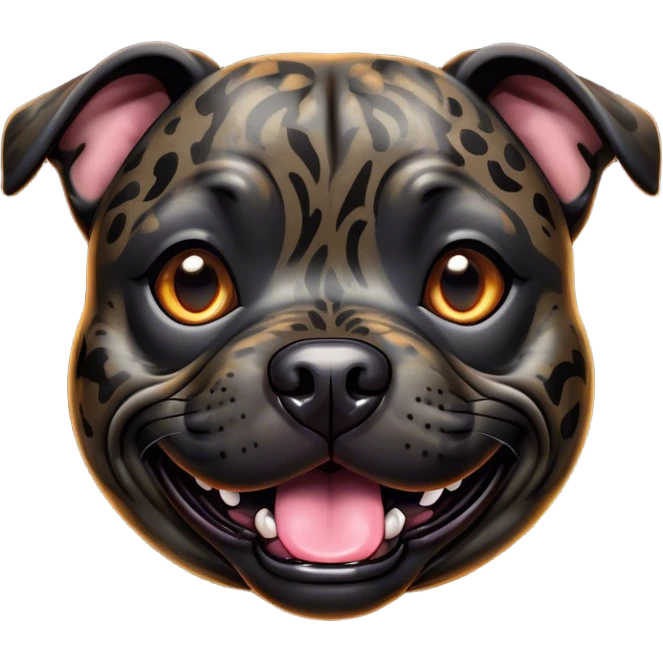 Cinematic Comical Black/Brindle Staffordshire Bull Terrier Portrait Emoji, Head tilted dramatically with an exaggeratedly amused expression, featuring a striking Fur with bold black and brindle patterns, wide, expressive dark eyes filled with playful disbelief, Simplified yet hilariously expressive features, highly detailed, glowing with a slightly sassy glow, high shine, dramatic yet playful, stylized with an air of cheeky mischief, bright and endearing, soft glowing outline, capturing the essence of a spirited and over-the-top guardian, so meme-worthy it feels like it could side-eye its way into internet fame instantly! emoji