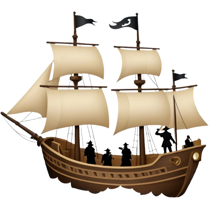 Reading Fiction: a sailing ship made of book pages floating on waves, with swashbuckling musketeers on horseback and a detective silhouette resembling Sherlock Holmes in the background. The icon should capture the adventurous and romantic spirit of classic literature. Transparent background. emoji