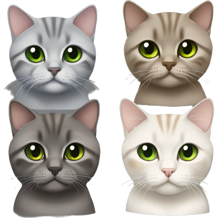 Brown british shorthair with Brown eyes + Grey Tabby scotish fold with Green eyes sitting emoji