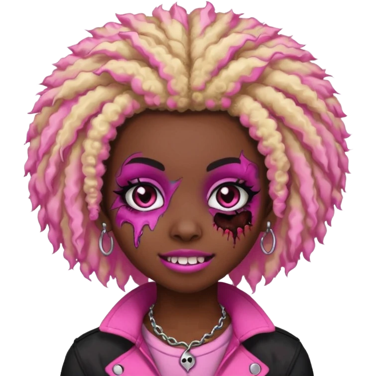 girl, zombie,pink and blonde afro, medium long, emo, shaggy, dark, spooky,double eyebrow dermal piercing, cute illuminous smile emoji