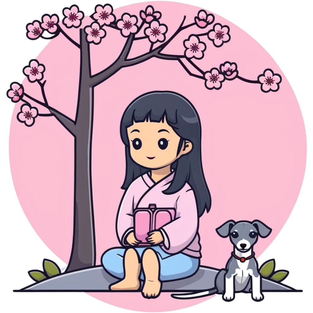 A young Chinese girl with long black hair and a pure dark grey Italian Greyhound with absolutely NO white markings anywhere on its body sitting under a cherry blossom tree. The dog must be completely solid dark grey with no white on muzzle, paws, or chest. emoji