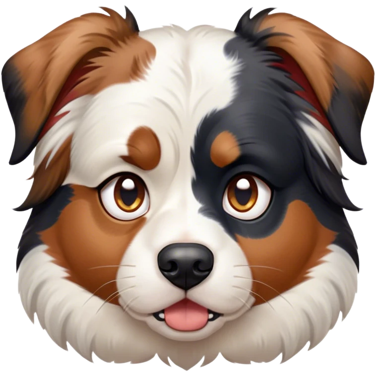 Cinematic Grumpy Calico Australian Shepherd Portrait Emoji, Head tilted slightly with a deeply unimpressed expression, thick predominantly white fur with distinct black, tan, and red merle calico patches, large, droopy blue eyes narrowed into an unamused glare, ears slightly drooping in exasperation, Simplified yet comically expressive features, highly detailed, glowing with a dry, sarcastic glow, high shine, effortlessly judgmental yet dignified, stylized with a touch of cynicism, bright but brooding, soft glowing outline, capturing the essence of an eternally unimpressed yet endearing pup, so lifelike it feels like it could sigh heavily at you in disdain at any moment! emoji