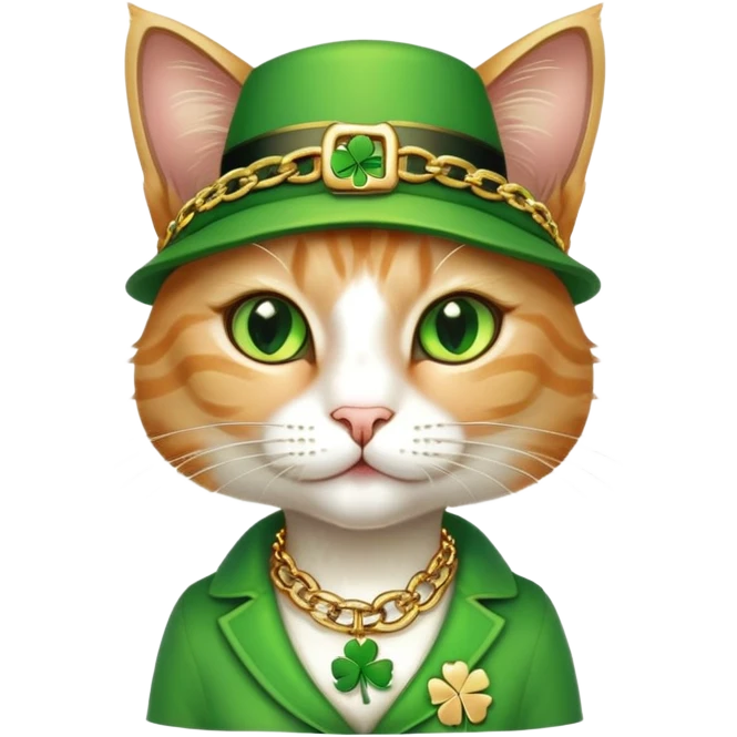 female cat dressed in hip-hop Run DMC style, green outfit, shamrock accessories, gold chains, bling, St. Patrick's Day emoji