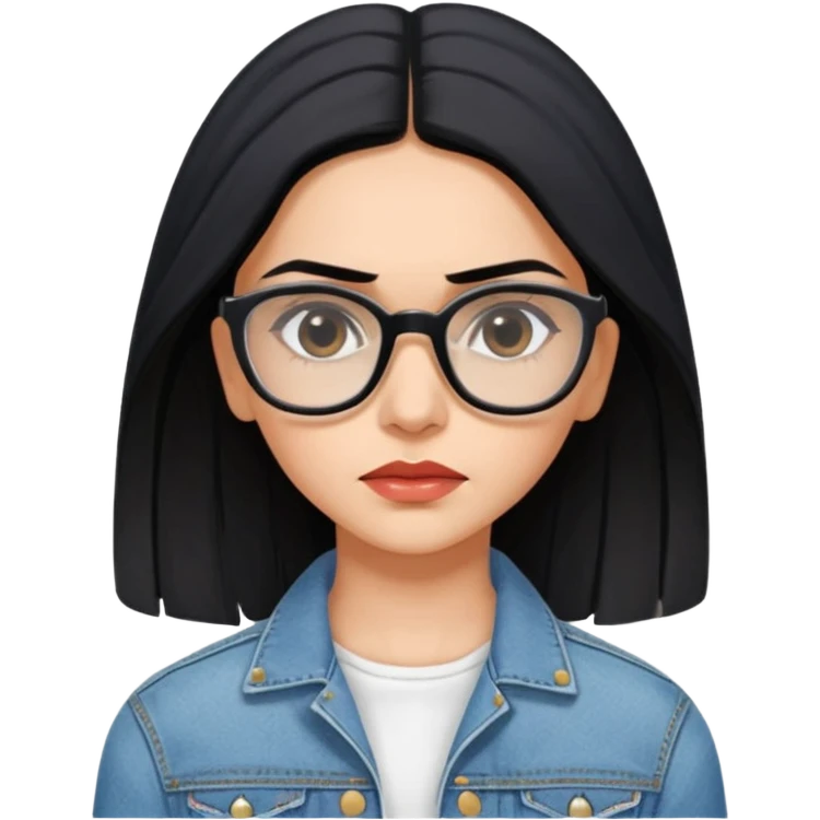 generate a pretty bratz emoji 
Make her wear a white dress with a denim jacket over it. black hair side part 

She should look exactly  like Deepika padukone. wearing tiny rectangular spectacle, looking sad emoji