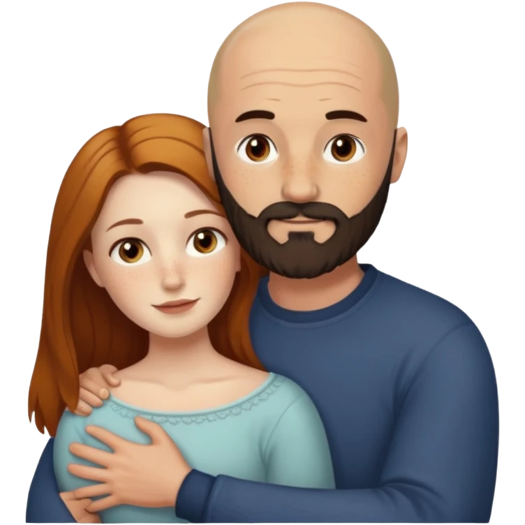 Couple. Bald man with dark brown-black beard. White woman with many small, faded freckles, she has white skin and she has auburn-yellow-brown-cinnamon, dark long hair. She has light brown eyes. The man have hazel eyes. Retro style. They hug. emoji
