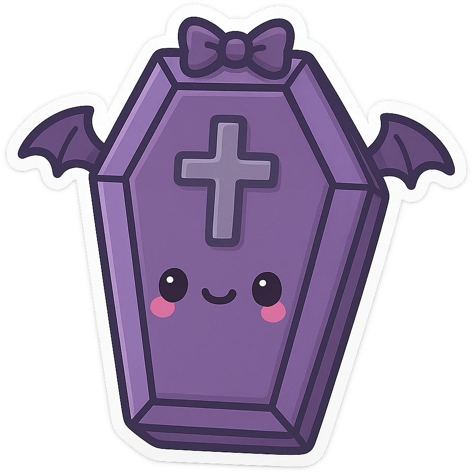 gothic black and purple coffin, fun and cute, chibi style emoji