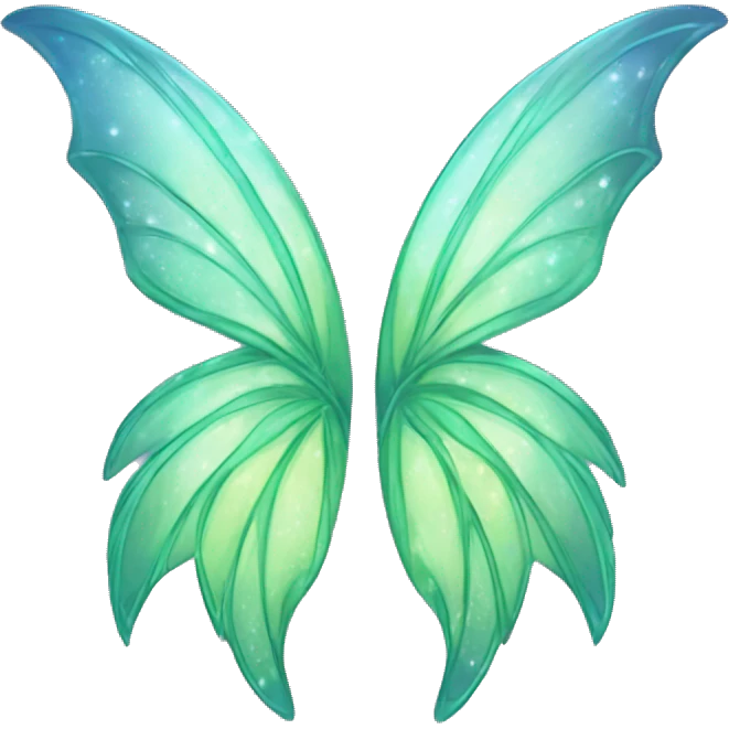 Create an emoji-style image of a pair of fairy wings. The wings should be primarily light green with subtle blue accents. They should have a shimmering, glittery effect to make them look magical and ethereal. emoji
