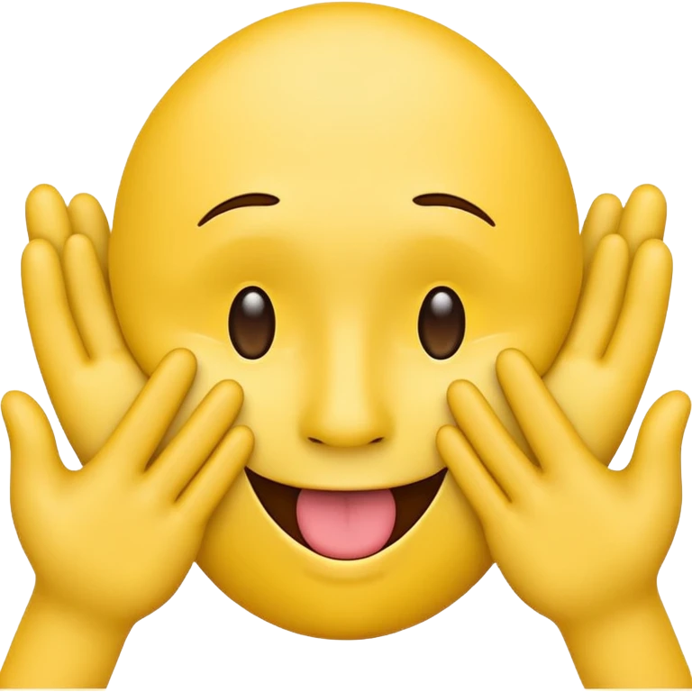 Yellow face emoji with tongue out and hands to the side hugging face hands facing away from face. emoji