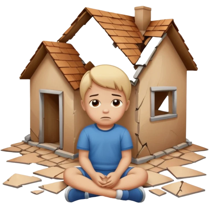 apple style emoji of a small child sitting on the floor, broken houses around, sad face emoji