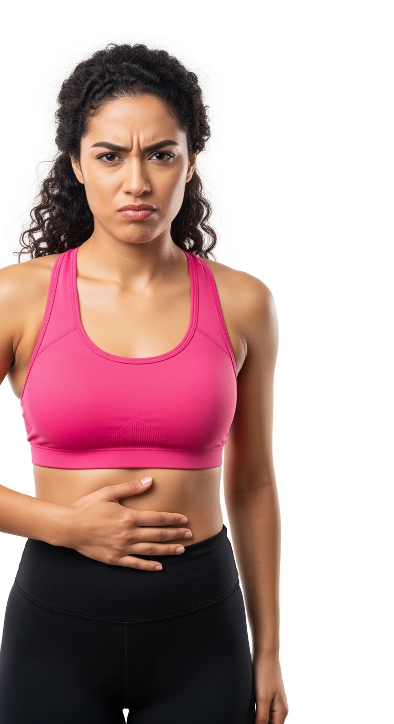 DONNA FITNESS CHE SI TOCCA LA PANCETTA CON ESPRESSIONE INSODDISFATTA IN VOLTO, iperrealistico 4k, ISOLATA SU SFONDO BIANCO emoji