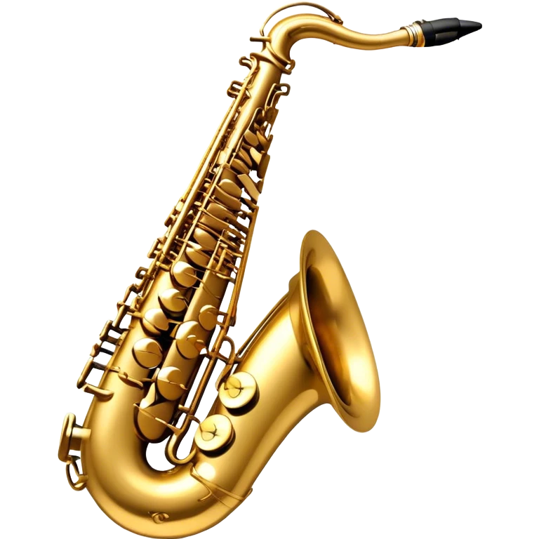 Create a sleek and sophisticated emoji representing the Selmer Super Action 80 Series II saxophone. The design should feature the smooth, golden brass body of the saxophone with its shiny keys and beautiful curves. Highlight the iconic bell of the saxophone and the fine details of the keywork, including the pads and springs. Include the mouthpiece at the top with a reed visible, capturing its essential role in sound production. Use rich gold and brass tones for the instrument with subtle light reflections to enhance its professional appearance. Add musical notes floating around the saxophone to evoke its smooth, jazzy sound. The background should be transparent. emoji