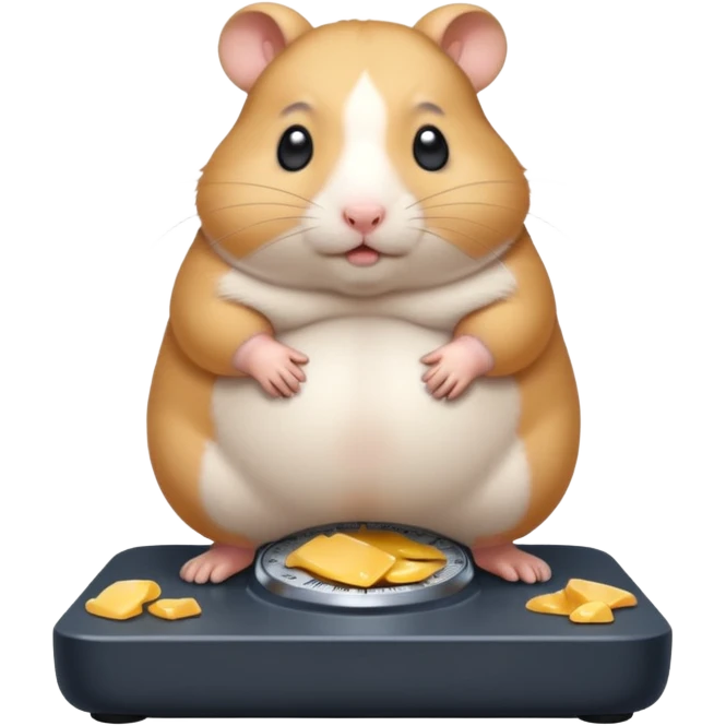 fat hamster big belly stepping on a broken scale looking guilty with a tear emoji