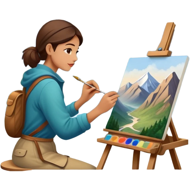 Artist painting a beautiful mountain peak destination on canvas emoji
