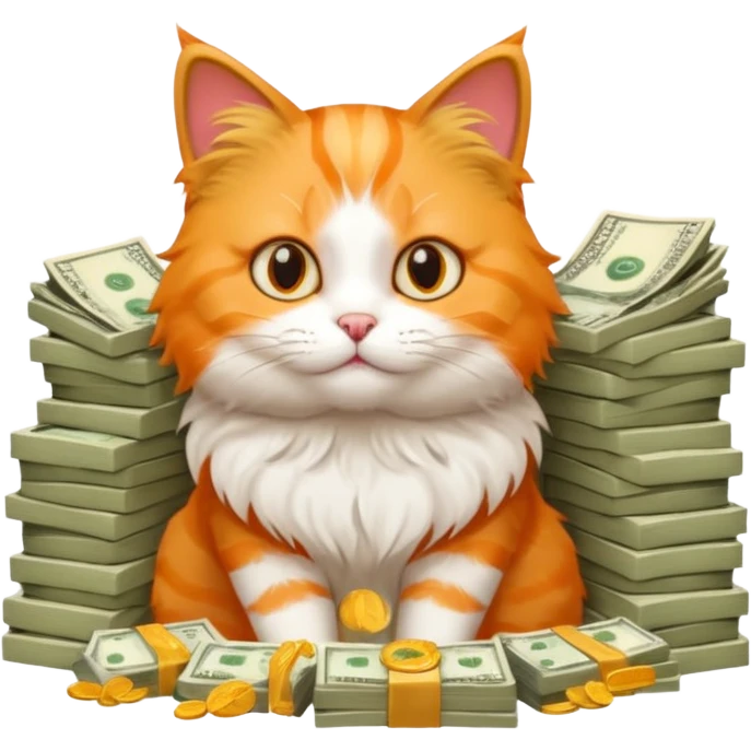 Cute cat surrounded by money emoji