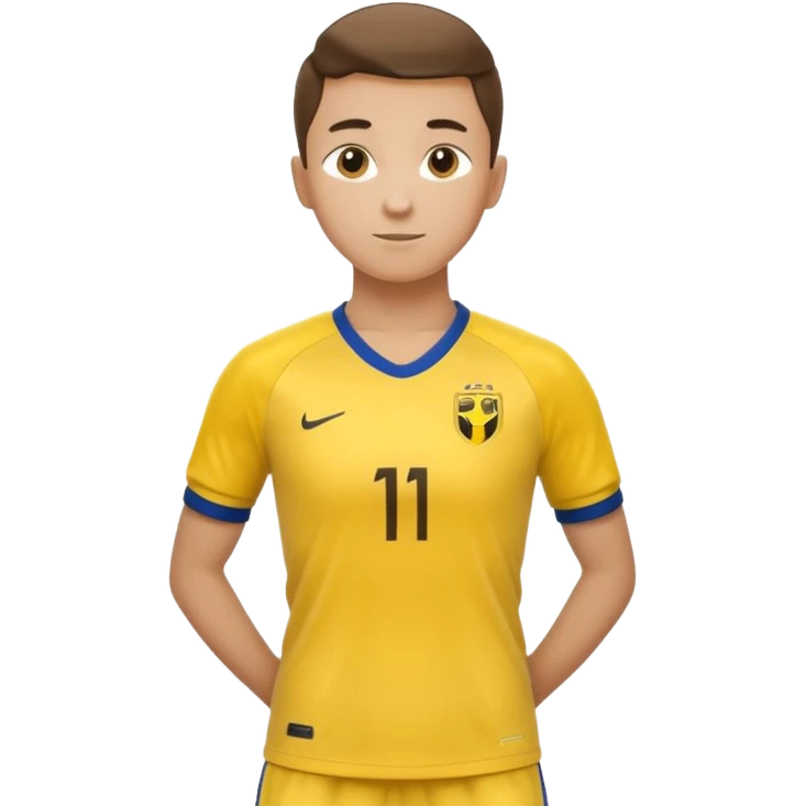 Apple emoji style 23 year old soccer player standing hands on waist, yellow jersey #11, soft shadows emoji