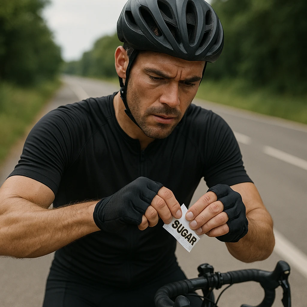 realistic 4K quality image of a cyclist athlete stopping and opening a sugar packet for quick energy recovery, determined expression, road or bike path background, natural light emoji