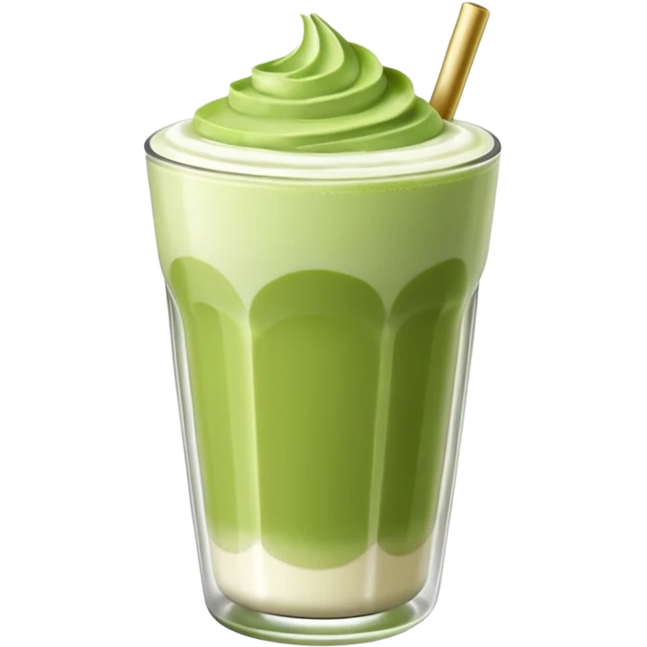 Matcha latte glossy 3D en vaso de vidrio minimalista, realista, estilo sticker, sin cara ni rasgos humanos, capas matcha y leche suaves, espuma ligera arriba, reflejos sutiles, fondo transparente. emoji