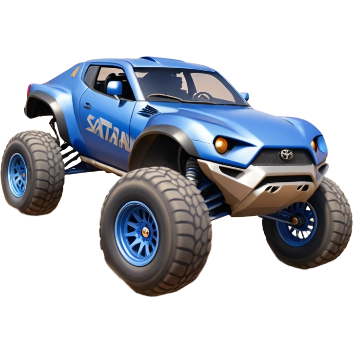 Satan’s evil night blue Dirty and dented Local Motors Rally Fighter off road race car hot rod meets Toyota 86 trophy truck-style basher flying on a dusty road (silver wheels) emoji