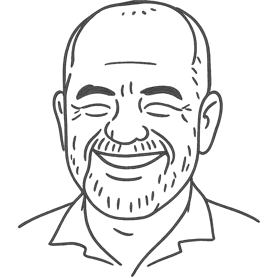 Edi Rama, smiling, hand-drawn black outline style, minimalist, focus on facial expression emoji