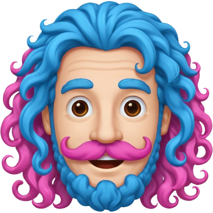 man with very curly long blue hair pink big mustache  emoji