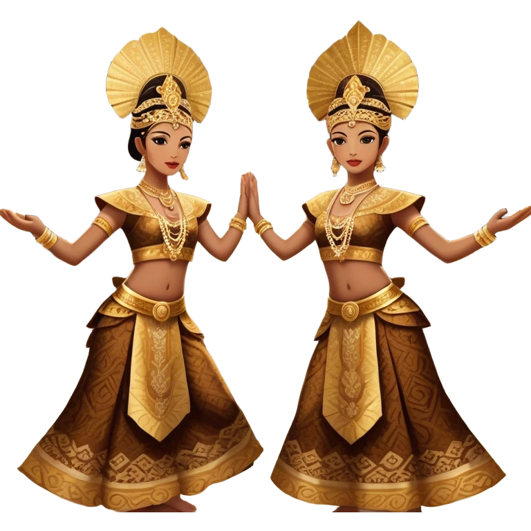 ​Cinematic Realistic Traditional Javanese Dancers, depicted as two graceful dancers in ornate traditional costumes with intricate batik patterns and elaborate headpieces, captured in dynamic poses during a ritual dance in an ancient temple courtyard, rendered with soft golden lighting and rich cultural textures, emoji