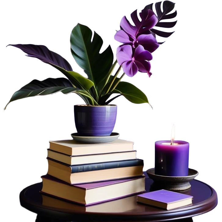 An elegant still life composition featuring a carefully arranged stack of books in shades of light and dark violet, their covers slightly worn, hinting at wisdom and time. A gracefully potted monstera plant with lavender-colored leaves extends its delicate, sculptural foliage, casting soft shadows. A glass candle holder in a rich purple orchid hue sits nearby, its surface reflecting ambient light. To complete the scene, a silky mauve ribbon drapes over the books, and a subtle lilac-hued ceramic vase holds a single dried flower, enhancing the refined and serene atmosphere. emoji