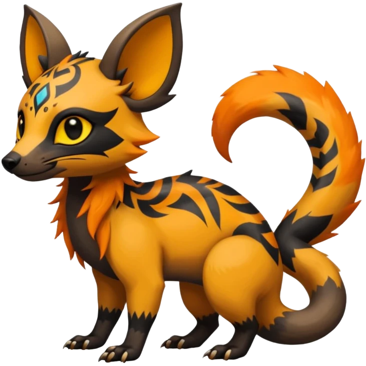 Rare warm-colored exotic cute epic aesthetic gothic colorful Salandit-Eevee-Civet-species-Fakemon-hybrid-creature, with tribal tattoo markings, full body emoji