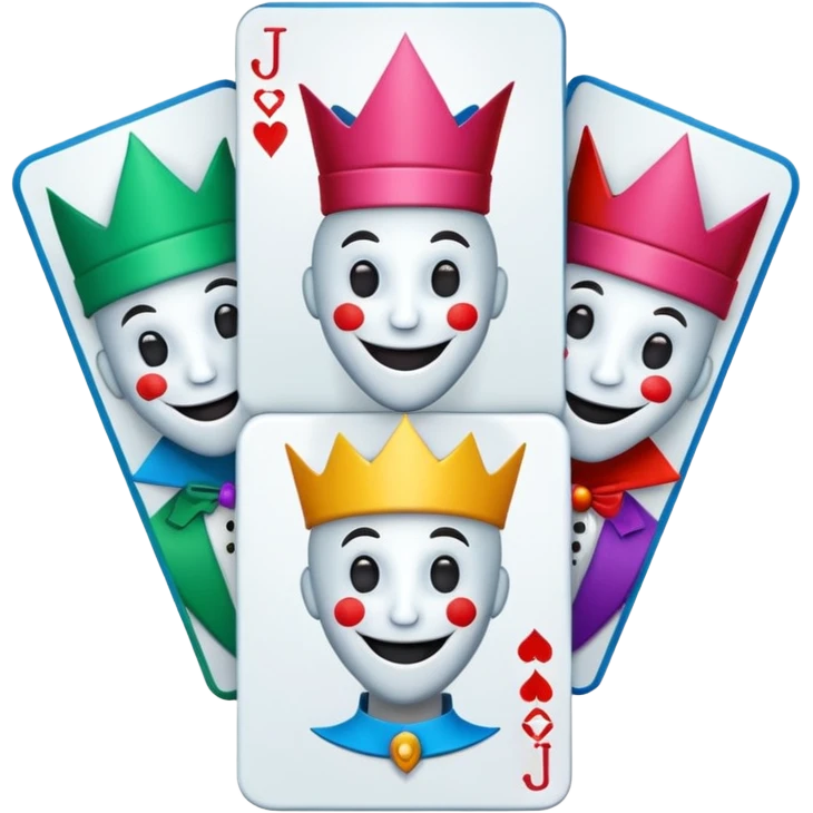 3 poker cards, with crazy colorful human jolly jokers inside emoji