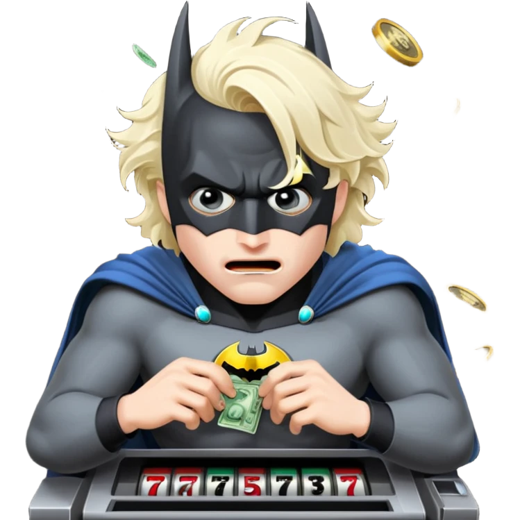 disheveled bat man losing money at a slot machine, panicked face, coins flying emoji