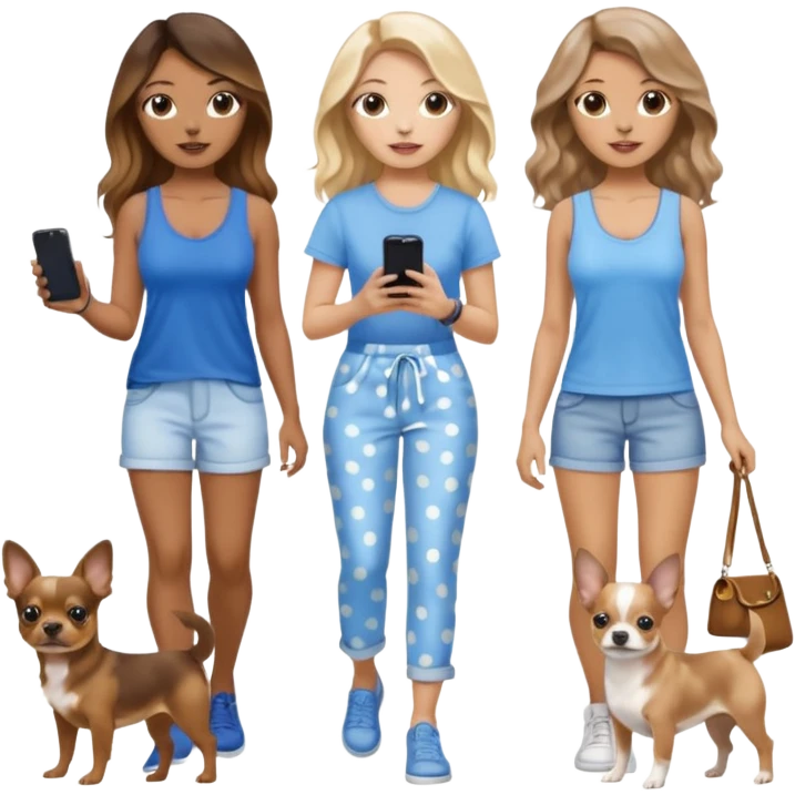 Three women in summer clothes holding iPhone, hazel eyed light skin with dark blonde long hair and light skin Brown eyed brown long wavy hair, blue eyed light skin long blonde hair walking 2 different dogs that are blue spotted Merle Frenchie, black and tan chihuahua  emoji