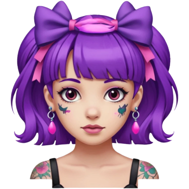 girl with bangs and purple hair and pink hairbow on the side of head and earrings and tattoos emoji