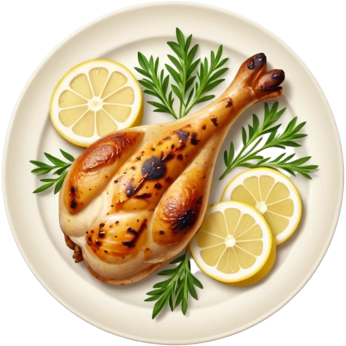 Draw a grilled chicken leg on a plate with herbs & lemon slices. emoji