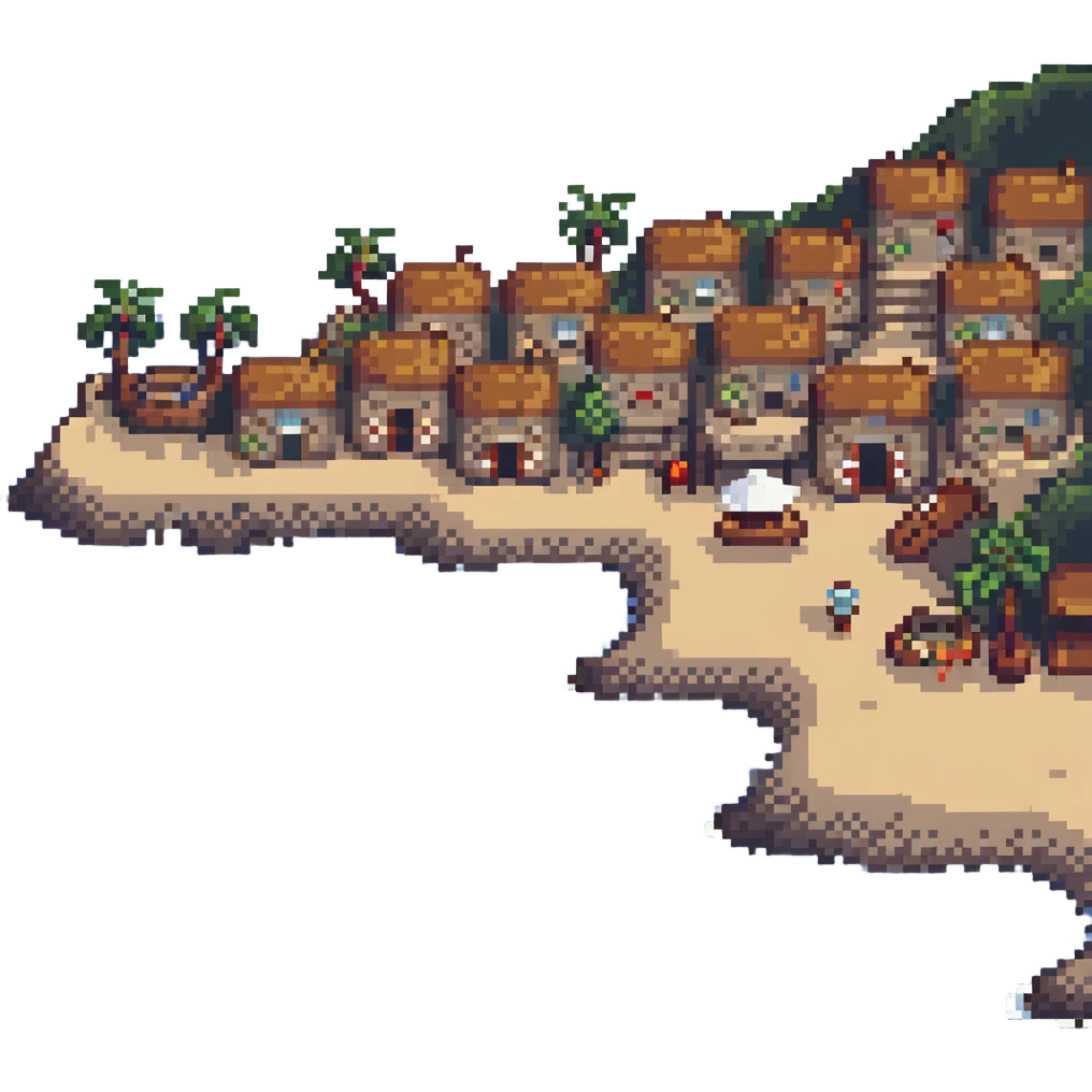 coastal village scene in pixel art style emoji