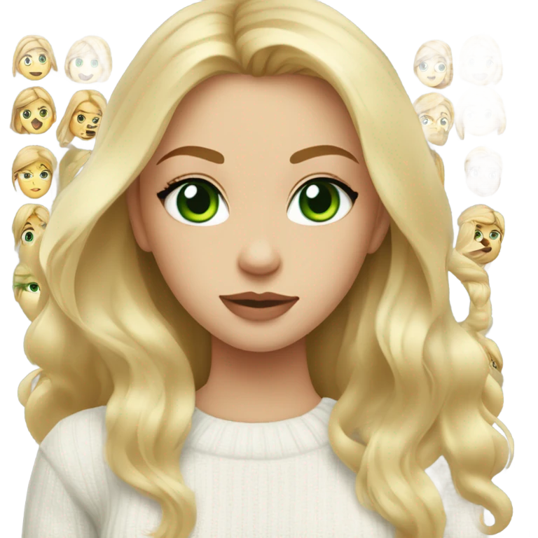 blonde girl with green eyes, smooth skin, white sweater, long blow out hair, baddie, middle part emoji