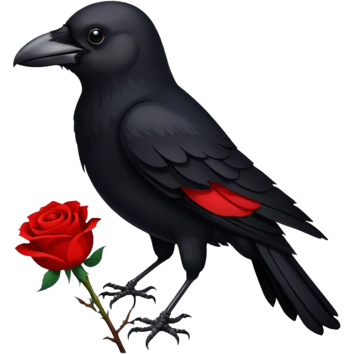 A crow with a white rose with red in its beak emoji