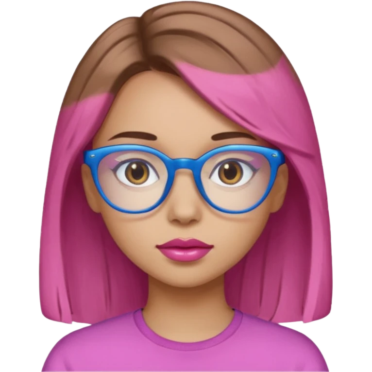 A girl with light skin, brown eyes, blue glasses, pink lips, and light brown hair. emoji