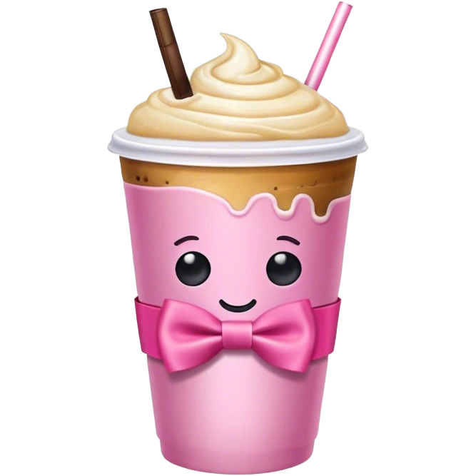 Iced coffee in a cute pink cup with a bow tie emoji