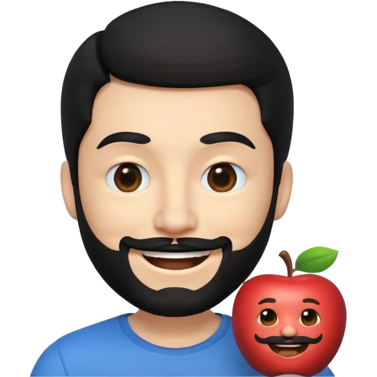 A 3D digital avatar, specifically an Apple Memoji, of a man with black hair and a black beard, winking with his right eye and smiling widely. He has blacl eyes. The image is a headshot on a white background. emoji