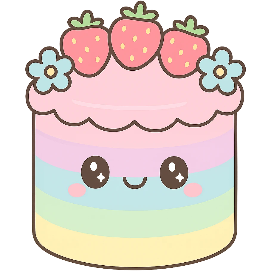 pastel rainbow wedding cake with strawberries, pastel blue flowers, no topper, kawaii style emoji