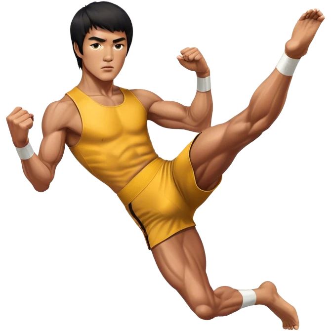 Cinematic Realistic portrait of Bruce Lee, shown as a legendary martial artist in a dynamic, powerful pose with modern athletic attire and finely detailed muscle definition, rendered in dramatic action lighting emoji