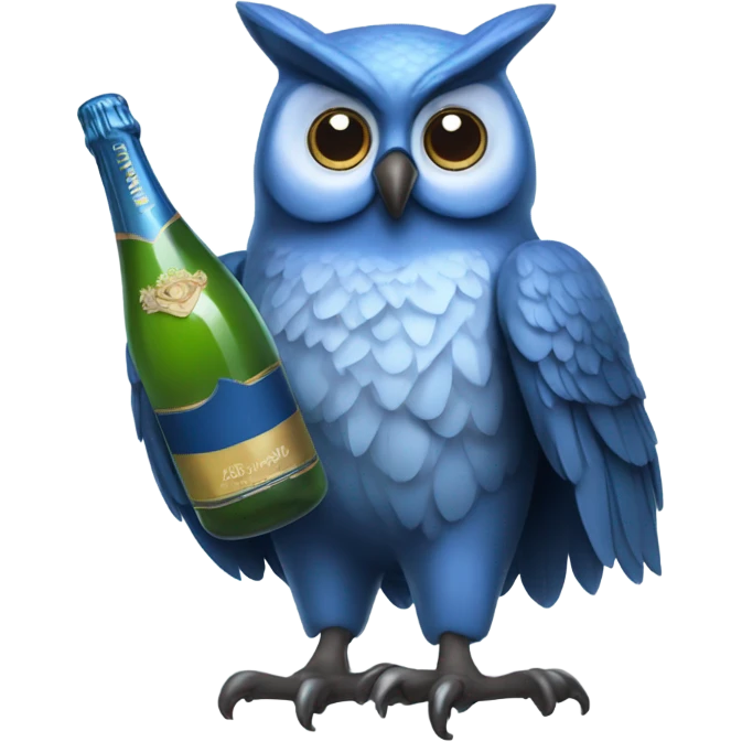 Blue owl holding bottles of champagne  emoji