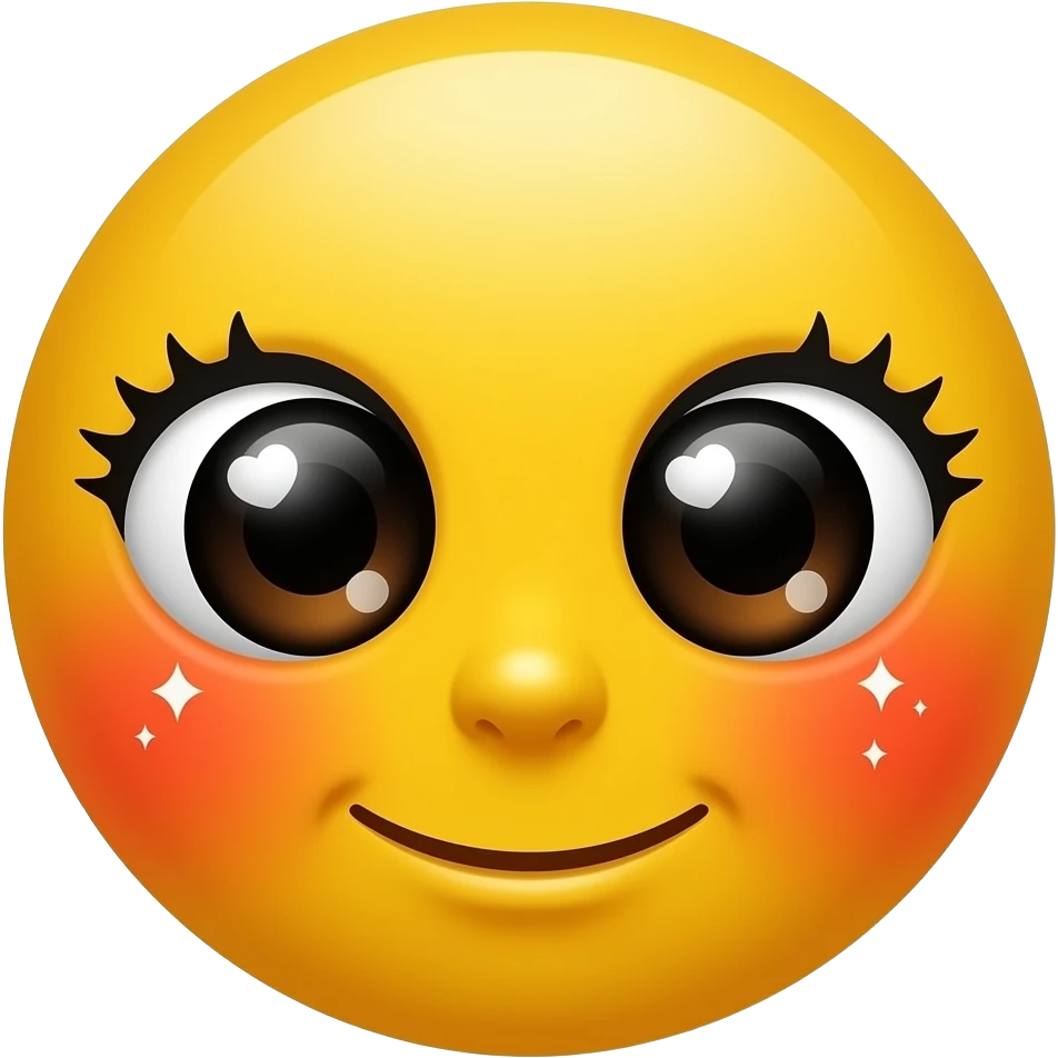 Yellow circular emoji with massive, sparkling dark eyes. Inside each eye is a white heart-shaped highlight. The face has a heavy orange-red blush across the center and tiny white sparkles around the edges. No mouth is visible, focusing entirely on a bashful, adoring stare emoji