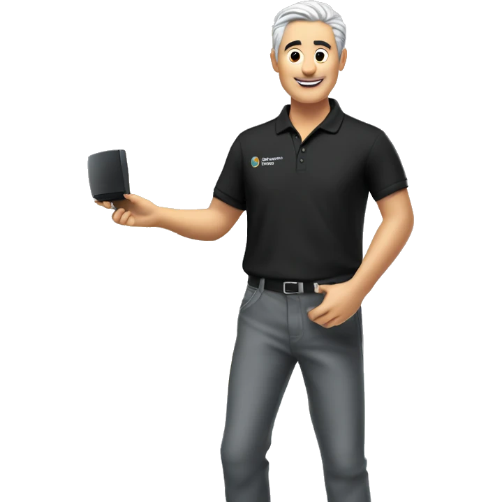 Technician with grey hair wearing a black polo shirt installs a TV onto a white wall of an exhibition stand emoji